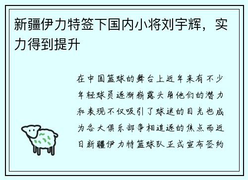 新疆伊力特签下国内小将刘宇辉，实力得到提升
